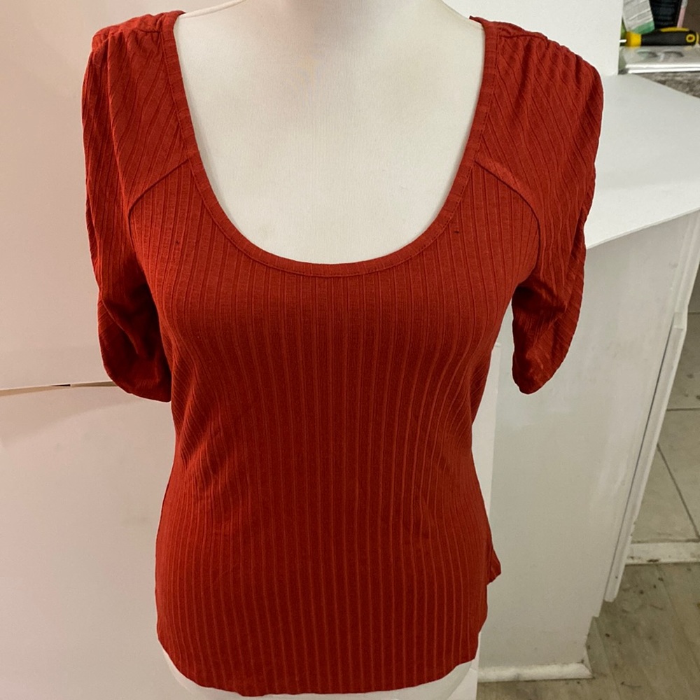 Rust round neck gathered a sleeve no fabric content possible cotton rayon new